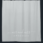 Chic Newlywed Mr Mrs Dark Misty Grey Monogram Shower Curtain<br><div class="desc">Chic light grey monogram shower curtain with the text Mr and Mrs in white elegant script. The colour misty grey is used for this stylish design you can customise with your married name. Perfect luxury gift for the newlywed couple. Exclusively designed for you by Happy Dolphin Studio.</div>