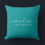 Chic Newlywed Mr Mrs Green Monogram Cushion<br><div class="desc">Chic, modern monogrammed pillow with the text Mr and Mrs in white elegant script on a viridian green background. Simply add your married name. Perfect gift for the newlywed couple. Exclusively designed for you by Happy Dolphin Studio. If you need any help or matching products please contact us at happydolphinstudio@outlook.com....</div>