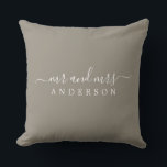 Chic Newlywed Mr Mrs Grey Monogram Cushion<br><div class="desc">Chic, modern monogrammed pillow with the text Mr and Mrs in white elegant script on a felted wool grey background. Simply add your married name. Perfect gift for the newlywed couple. Exclusively designed for you by Happy Dolphin Studio. If you need any help or matching products please contact us at...</div>