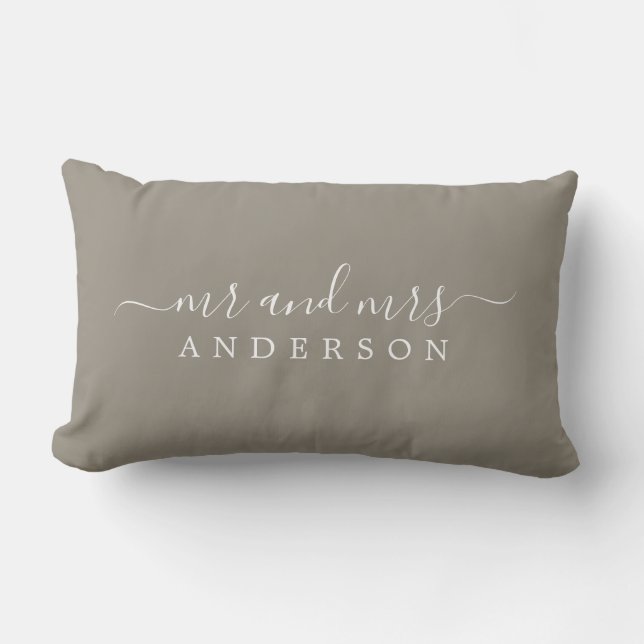 Chic Newlywed Mr Mrs Grey Monogram Lumbar Cushion (Front)