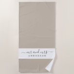 Chic Newlywed Mr Mrs Grey White Monogrammed Beach Towel<br><div class="desc">Chic grey and white monogrammed beach towel with the text Mr and Mrs in elegant script. You can customise this elegant beach towel with your married name. Perfect gift for the newlywed couple. The colour shiitake is used for this design. Exclusively designed for you by Happy Dolphin Studio.</div>
