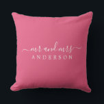 Chic Newlywed Mr Mrs Hot Pink Monogram Cushion<br><div class="desc">Chic, modern monogrammed pillow with the text Mr and Mrs in white elegant script on an Ibiza hot pink background. Simply add your married name. Perfect gift for the newlywed couple. Exclusively designed for you by Happy Dolphin Studio. If you need any help or matching products please contact us at...</div>