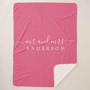 Chic Newlywed Mr Mrs Hot Pink Monogram Sherpa Blanket