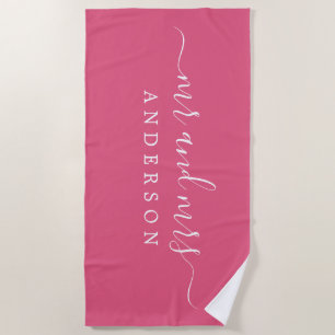 Chic Newlywed Mr Mrs Hot Pink Monogrammed Beach Towel