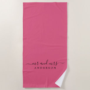 Chic Newlywed Mr Mrs Hot Pink White Monogrammed Beach Towel