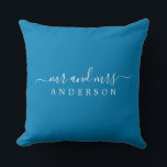 Chic Newlywed Mr Mrs Ibiza Blue Monogram Cushion<br><div class="desc">Chic, modern monogrammed pillow with the text Mr and Mrs in white elegant script on an Ibiza blue background. Simply add your married name. Perfect gift for the newlywed couple. Exclusively designed for you by Happy Dolphin Studio. If you need any help or matching products please contact us at happydolphinstudio@outlook.com....</div>