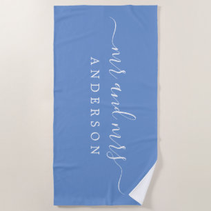 Chic Newlywed Mr Mrs Monogram CornFlower Blue Beach Towel