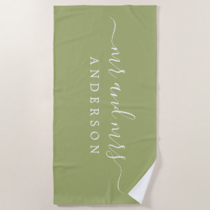 Chic Newlywed Mr Mrs Monogram Leaf Green Beach Towel