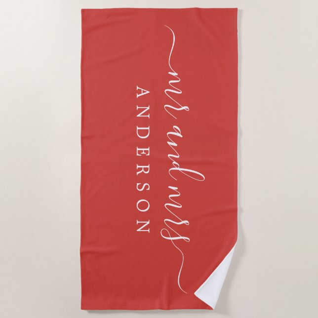 Chic Newlywed Mr Mrs Monogram Red Alert Beach Towel (Front)