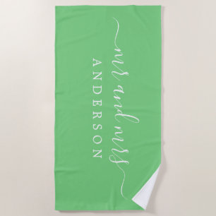 Chic Newlywed Mr Mrs Monogram Summer Green Beach Towel