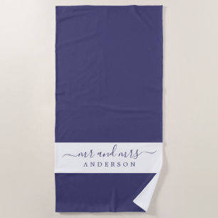 Chic Newlywed Mr Mrs Navy Blue White Monogrammed Beach Towel