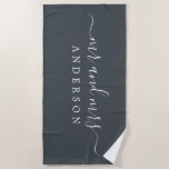 Chic Newlywed Mr Mrs Off-black Monogrammed Beach Towel<br><div class="desc">Chic black and white monogrammed beach towel with the large text Mr and Mrs in white elegant script. The colour black forest is used for this luxurious beach towel you can customise with your married name. Perfect gift for the newlywed couple. Exclusively designed for you by Happy Dolphin Studio.</div>