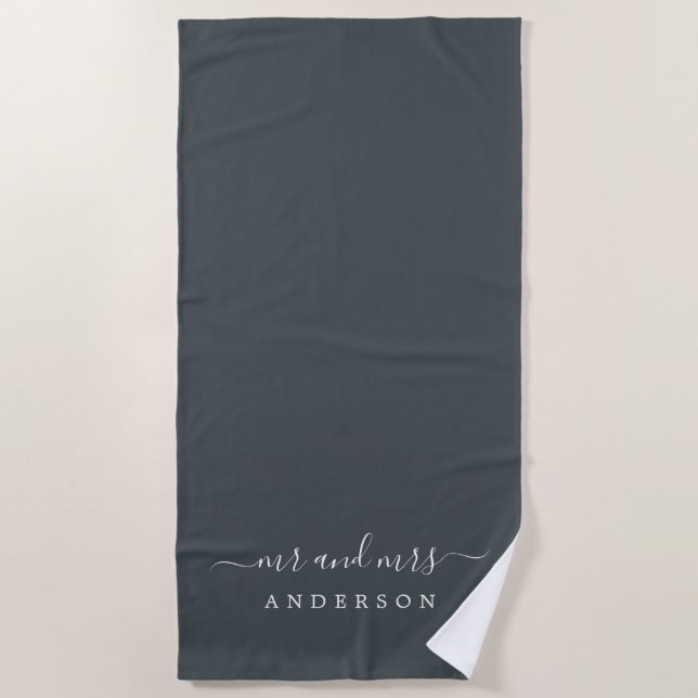 Chic Newlywed Mr Mrs Off-black Monogrammed Beach Towel (Front)