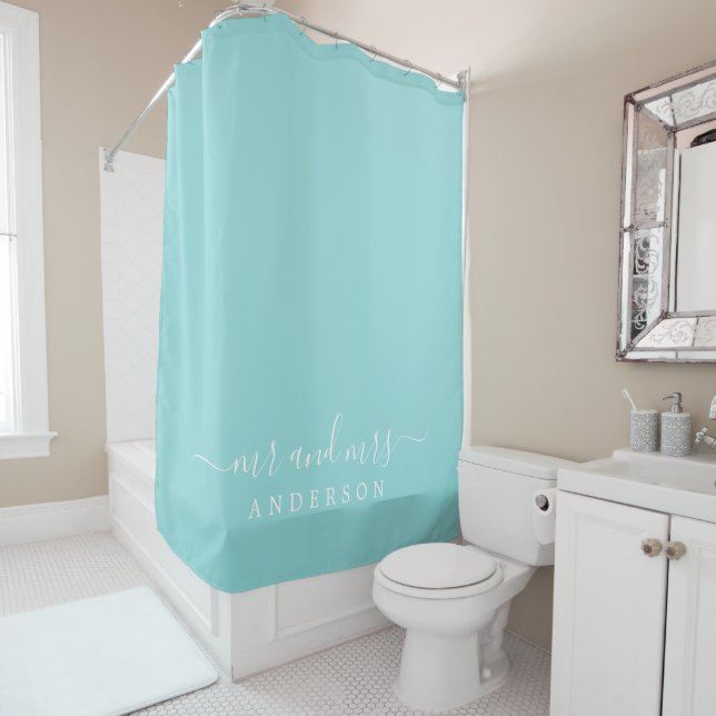 Chic Newlywed Mr Mrs Pastel Blue Monogram Shower Curtain (In Situ)