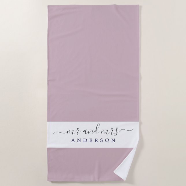 Chic Newlywed Mr Mrs Pastel Purple Monogrammed Beach Towel (Front)