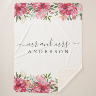 Chic Newlywed Mr Mrs Pink Floral Monogram Sherpa Blanket