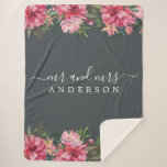 Chic Newlywed Mr Mrs Pink Floral Monogram Sherpa Blanket<br><div class="desc">Chic, modern monogrammed black and white sherpa blanket with the text Mr and Mrs in white elegant script on an off-black background with a stylish touch of pink floral bouquet in beautiful watercolor. Simply add your married name. The off-black colour black forest is used for this stylish design. Perfect luxury...</div>