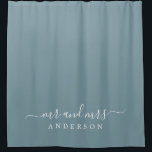 Chic Newlywed Mr Mrs Stone Blue Monogram Shower Curtain<br><div class="desc">Chic grey blue monogram shower curtain with the text Mr and Mrs in white elegant script. The colour stone blue is used for this stylish design you can customise with your married name. Perfect luxury gift for the newlywed couple. Exclusively designed for you by Happy Dolphin Studio.</div>