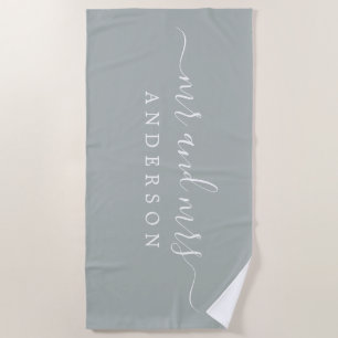 Chic Newlywed Mr Mrs Storm Grey Monogrammed Beach Towel