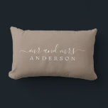 Chic Newlywed Mr Mrs Taupe Monogram Lumbar Cushion<br><div class="desc">Chic, modern monogrammed taupe pillow with the text Mr and Mrs in white elegant script. Simply add your married name. The taupe brown colour dry dock is used for this stylish design. Perfect luxury gift for the newlywed couple. Exclusively designed for you by Happy Dolphin Studio. If you need any...</div>