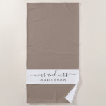 Chic Newlywed Mr Mrs Taupe White Monogrammed Beach Towel<br><div class="desc">Chic taupe and white monogrammed beach towel with the text Mr and Mrs in elegant script. You can customise this elegant beach towel with your married name. Perfect gift for the newlywed couple. The colour dry dock is used for this design. Exclusively designed for you by Happy Dolphin Studio.</div>