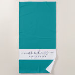 Chic Newlywed Mr Mrs Viridian Green Monogrammed Beach Towel<br><div class="desc">Chic tropical green and white monogrammed beach towel with the text Mr and Mrs in off-black elegant script. You can customise this elegant beach towel with your married name. Perfect gift for the newlywed couple. Exclusively designed for you by Happy Dolphin Studio.</div>