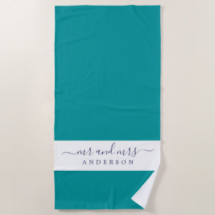 Chic Newlywed Mr Mrs Viridian Green Monogrammed Beach Towel
