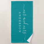 Chic Newlywed Mr Mrs Viridian Green Monogrammed Beach Towel<br><div class="desc">Chic green monogrammed beach towel with the large text Mr and Mrs in white elegant script. The colour viridian green is used for this luxurious beach towel you can customise with your married name. Perfect gift for the newlywed couple. Exclusively designed for you by Happy Dolphin Studio.</div>