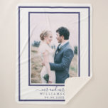 Chic Newlywed Mr Mrs Wedding Photo Sherpa Blanket<br><div class="desc">Chic, modern monogrammed wedding photo sherpa blanket with the text Mr and Mrs in navy blue elegant script calligraphy and your wedding date on a white background with a navy blue border. Simply add your married name, wedding date and wedding photo. Perfect luxury keepsake gift for the newlywed couple. Exclusively...</div>