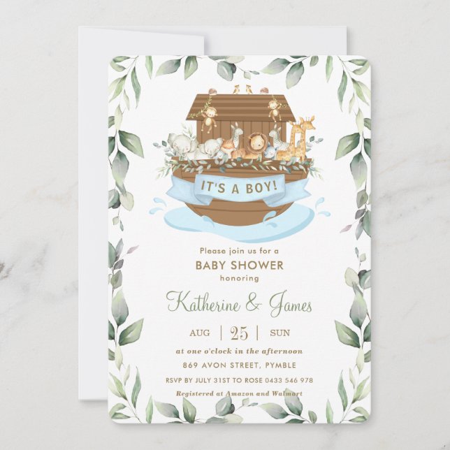 Chic Noah's Ark Animals Greenery Boy Baby Shower   Invitation (Front)