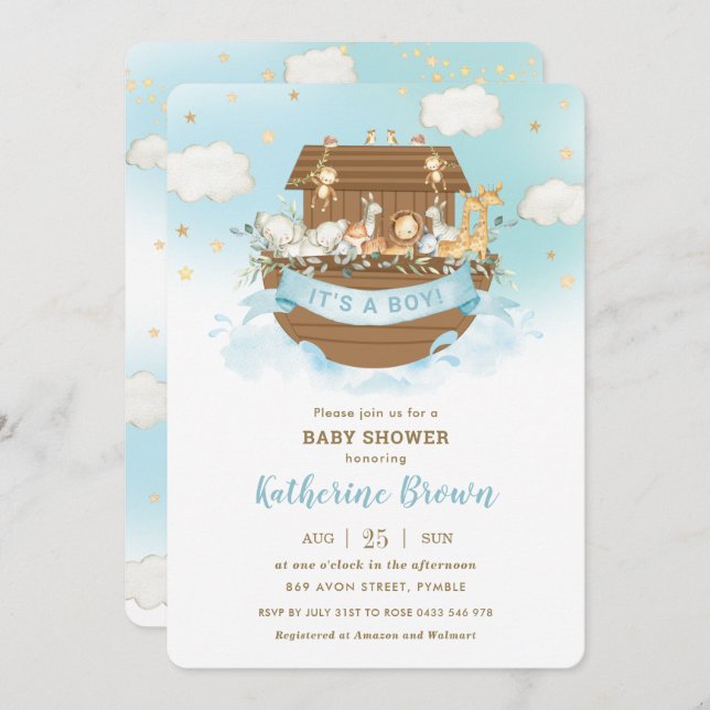 Chic Noah's Ark Cute Animals Boy Baby Shower  Invi Invitation (Front/Back)