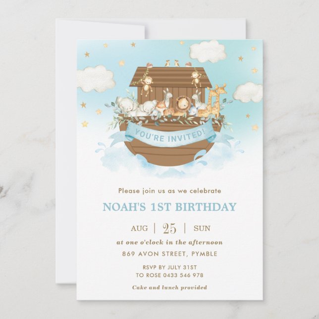 Chic Noah's Ark Cute Animals Boy Birthday Party Invitation (Front)