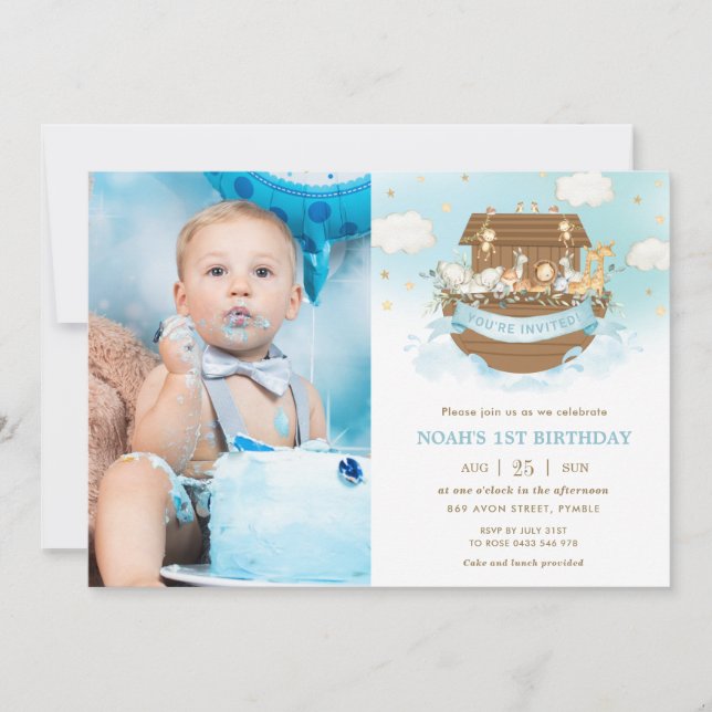 Chic Noah's Ark Cute Animals Boy Birthday Photo Invitation (Front)