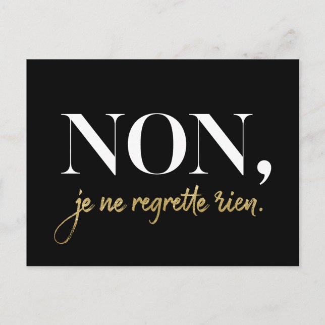 Chic Non Je Ne Regrette Rien Quote Black & Gold Holiday Postcard (Front)