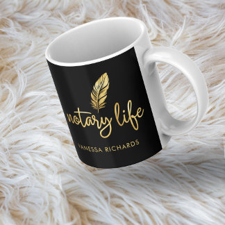 Chic Notary Life Black Gold Feather Modern Script Coffee Mug