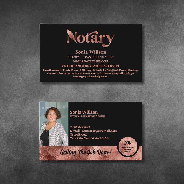 Chic Notary Public Rose Gold Photo Loan Signing Business Card (Creator Uploaded)