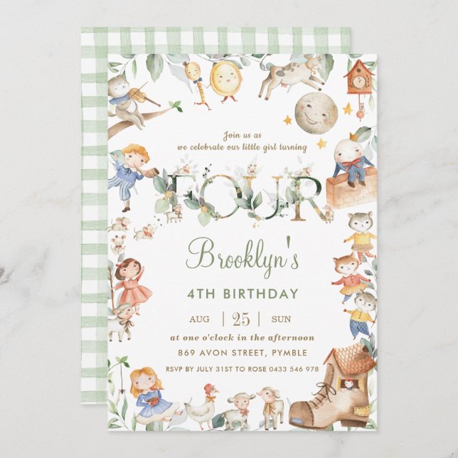 Chic Nursery Rhyme Greenery 4th Birthday Neutral Invitation (Front/Back)