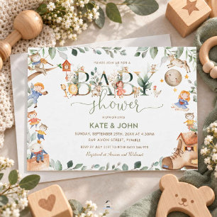 Chic Nursery Rhyme Greenery Baby Shower Neutral Invitation