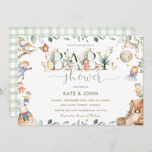 Chic Nursery Rhyme Greenery Baby Shower Neutral Invitation (Front/Back)