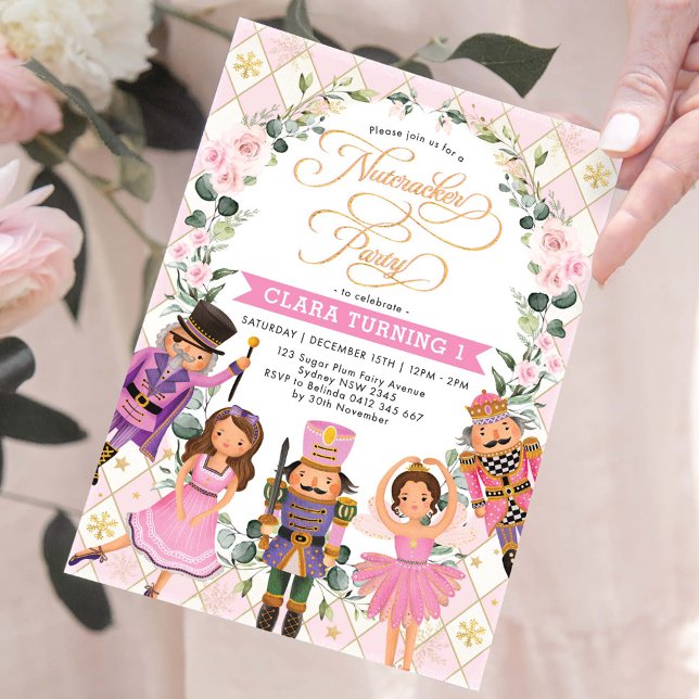 Chic Nutcracker Party Soft Pink Floral Birthday Invitation (Creator Uploaded)