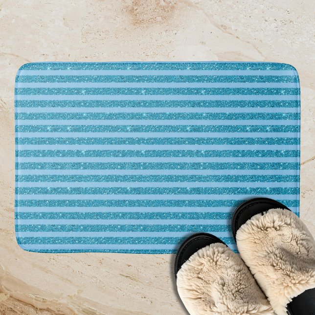 Chic Ocean Blue Glitter Style Horizontal Stripes Bath Mat (Creator Uploaded)