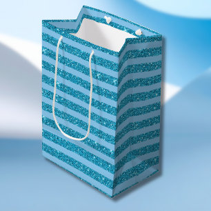 Chic Ocean Blue Glitter Style Horizontal Stripes Medium Gift Bag
