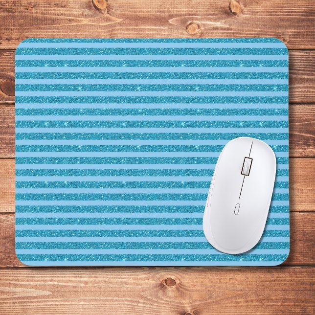 Chic Ocean Blue Glitter Style Horizontal Stripes Mouse Pad (Creator Uploaded)