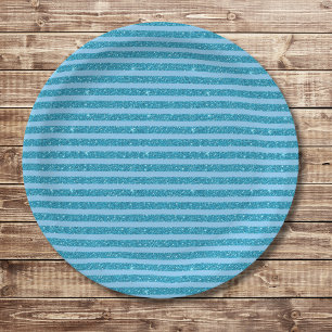 Chic Ocean Blue Glitter Style Horizontal Stripes Paper Plate