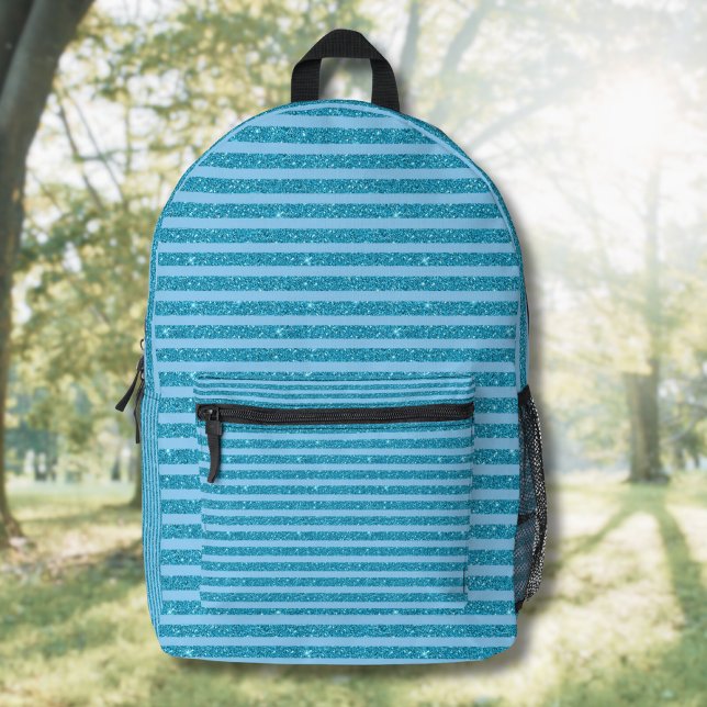 Chic Ocean Blue Glitter Style Horizontal Stripes Printed Backpack (Creator Uploaded)