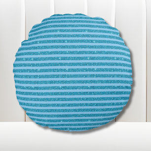 Chic Ocean Blue Glitter Style Horizontal Stripes Round Cushion