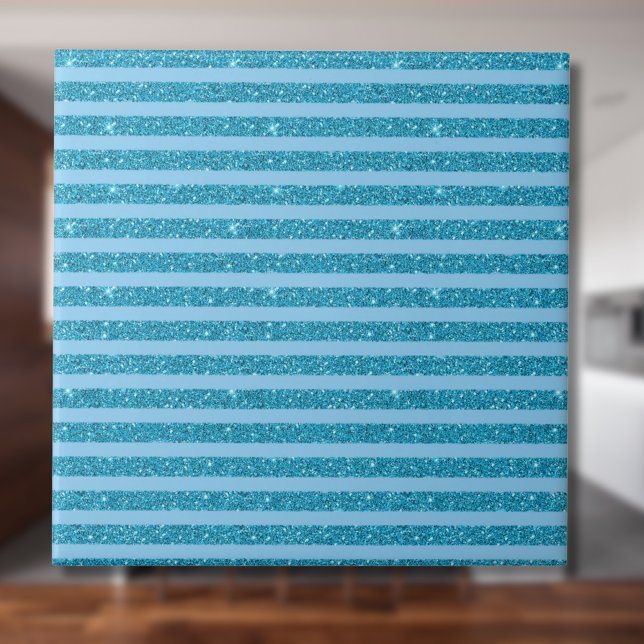 Chic Ocean Blue Glitter Style Horizontal Stripes Tile (Creator Uploaded)