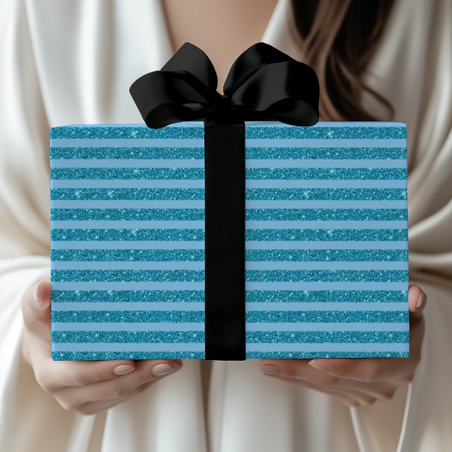 Chic Ocean Blue Glitter Style Horizontal Stripes Wrapping Paper (Creator Uploaded)