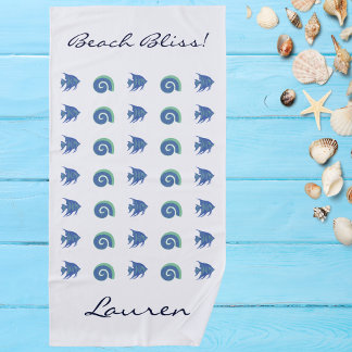Chic Ocean Blue White Shells and Fish Name Beach Towel