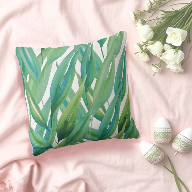 Chic Ocean Green Blue Watercolor Plants Cushion (Creator Uploaded)
